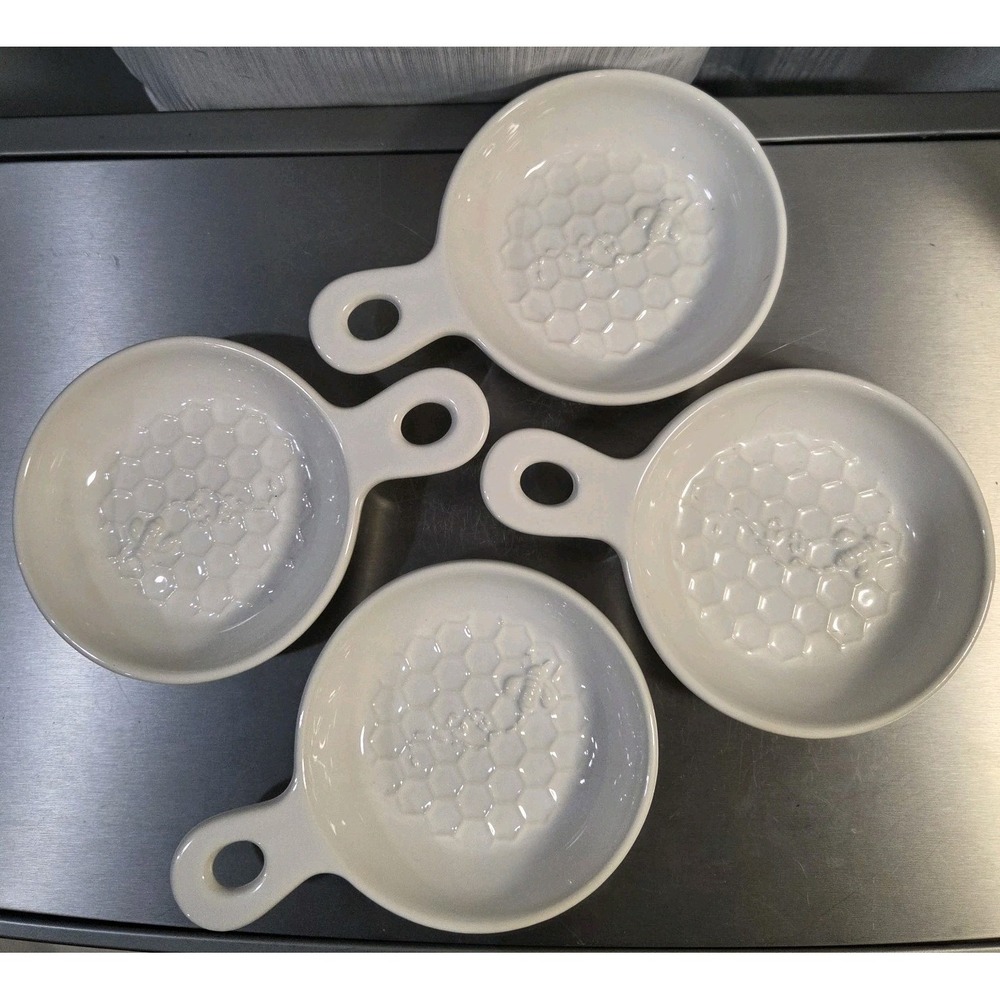 Temptations Skillet Shaped Dip Bowls Bee-Lieve Ceramic 4oz Set/4 White
